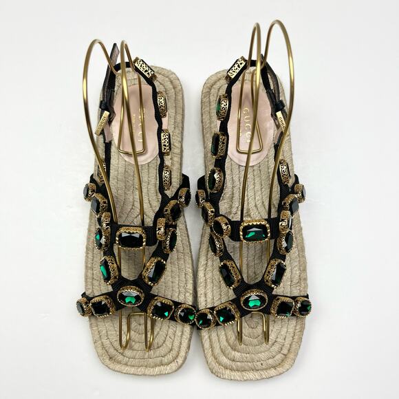 GUCCI Emerald Crystal Embellished Espadrilles Sandals EU 40 US 10 Green Black - Picture 8 of 13
